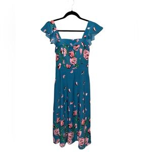 Blue Floral Midi Dress w/ Pockets, Ruffle Sleeves & Smocked Back — Built-In Cups
